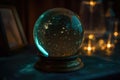 magic crystal ball, with view of starry night sky, showing future and past