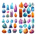 Magic crystals and exquisite gems cartoon detailed set, gemstone materials and treasures. Vector illustrations of