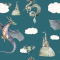 Magic cute baby seamless pattern with fairy green dragon catsle elements and characters