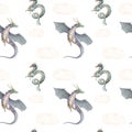 Magic cute baby seamless pattern with fairy green dragon elements and characters