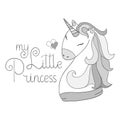 Magic cute baby unicorn, my little princess quote poster, greeting card, vector illustration with outline for kids print Royalty Free Stock Photo