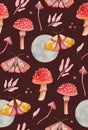 Magic cute pink moth and mushrooms pattern. Fairy night moon, fly agaric and toadstool dark red background. Woodland amanita grebe