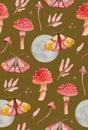 Magic cute pink moth and mushrooms pattern. Fairy night moon, fly agaric and toadstool dark yellow background. Woodland amanita gr