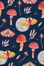 Magic cute pink moth and mushrooms pattern. Fairy night moon, fly agaric and toadstool navy background. Woodland amanita grebe