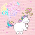 Magic cute unicorn with balls in the form of heart, greeting card with the inscription to the Valentine`s Day, flat vector illustr