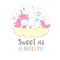 Magic cute unicorn in cartoon style with hand lettering Sweet as a unicorn.