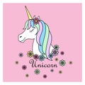 Magic cute unicorn poster, greeting card, illustration.Cute magic cartoon fantasy cute animal. Rainbow hair. Dream symbol.