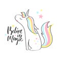 Magic cute unicorn.Vector illustration. Belive in Magic hand lettering sign. Royalty Free Stock Photo