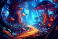 Magic dark fairy tale forest at night with glowing lights and mushrooms. Illustration. Generative AI Royalty Free Stock Photo