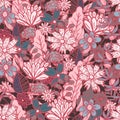 Magic dark red floral pattern with mess of flowers
