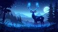 The magic deer in the night forest, mystical stag with glowing eyes and body, soul of nature, wood protector, totemic