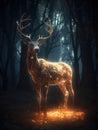 magic deer with transparent glowing shining body in a dark ominous forest, magic glow and shine, dynamic pose, generative ai