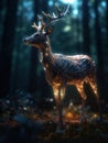 magic deer with transparent glowing shining body in a dark ominous forest, magic glow and shine, dynamic pose, generative ai