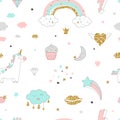 Magic design seamless pattern with unicorn, rainbow, hearts, clouds and others elements.