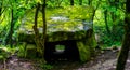 A Magic dolmen or table-stone covered by moss in Russian mountain forest