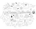 Magic doodle collection Happy Halloween. Cute ghost and spook with candle, jack pumpkin, bat and skull, grave and witch Royalty Free Stock Photo