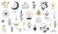 Magic doodle symbol. Witch hand drawn magic element, doodle witchcraft crystal, skull, knife, mystery tattoo sketch Royalty Free Stock Photo
