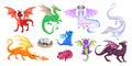 Magic dragons. Fantasy funny creatures, big flying fairy animals, fire-breathing legendary characters, adults and babies