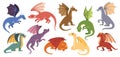 Magic dragons. Mythical creatures, flying dragon and fantasy monster isolated cartoon vector illustration set