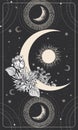 Magic drawing with the crescent, stars, sun and flowers. Tarot card, astrological illustration.