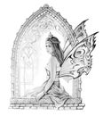 Magic dreamland. Pencil drawing. Beautiful fantasy Celtic fairy sitting near Gothic window. Illustration for an old medieval