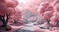 Magic, dreamy, surreal fairytale world in pastel pink colors. generative ai