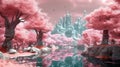 Magic, dreamy, surreal fairytale world in pastel pink colors. generative ai