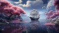 Magic, dreamy, surreal fairytale world in pastel pink colors. Generative ai