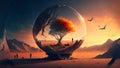 magic dreamy surreal fantasy world wallpaper with transparent space distortion bubble in desert, neural network