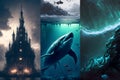 magic dreamy surreal fantasy world wallpapers divided in three vertical stripes as a triptych, neural network generated