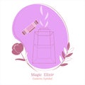 Magic drink, healing elixir in decorative vessel, bottle with lid. Magic flower and sleepy grass. Set of vector drawings in warm