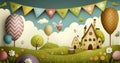 Magic easter house in the landscape with big painted eggs. Beautiful party scene. Generative AI