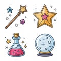 Magic Elements Cartoon, Isolated on White Background, potion, crystal ball, wand, stars Magic, Cartoon Royalty Free Stock Photo