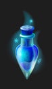 Magic elixir. Cartoon frost potion. Closed phial full of blue cold liquid with snowflakes. Magical inventory item or