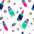 Magic elixirs seamless pattern.Love potions in glass vials with corks.