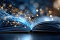 Magic emanates from an open book as light and particles dance in the air Royalty Free Stock Photo