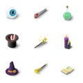 Magic equipment icons set, isometric style