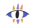 Magic evil eye with colorful eyelashes. Mystical spiritual eyeball in doodle style. Turkish abstract occult amulet. Flat