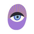 Magic evil eye with eyelashes. Esoteric sacred eyeball with mystical look. Ancient spiritual symbol drawn in modern