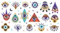 Magic eye. Evil symbols. Ra eyeballs. Flat doodle triangle. Ethnic mystical see with eyelashes and tears. Mason or Greek