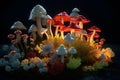 Magic and fairy neon mushrooms. Neural network AI generated Royalty Free Stock Photo