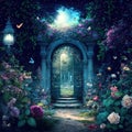 Magic fairytale garden with arch and stairs, generative ai