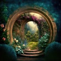 Magic fairytale garden with arch and stairs, generative ai