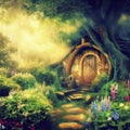 Magic fairytale tree house in hobbit forest land in sunshine, generative AI