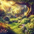 Magic fairytale tree house in hobbit forest land in sunshine, generative AI