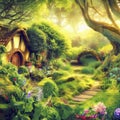 Magic fairytale tree house in hobbit forest land in sunshine, generative AI
