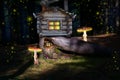 Magic, a fantastic pine forest with pine trees and giant mushrooms and toadstools . A fairy-tale wooden house Royalty Free Stock Photo