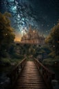 Magic fantasy landscape with bridge over the river and old castle at night Royalty Free Stock Photo