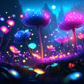 Magic fantasy landscape with magic mushrooms and glowing lights. Fantasy magic forest. 3d illustration generative AI Royalty Free Stock Photo