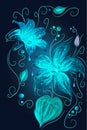 Magic fantasy neon blue flowers. Beauty of nature. Glowing, full of lights, fairytale perfect for phone wallpaper or comerc